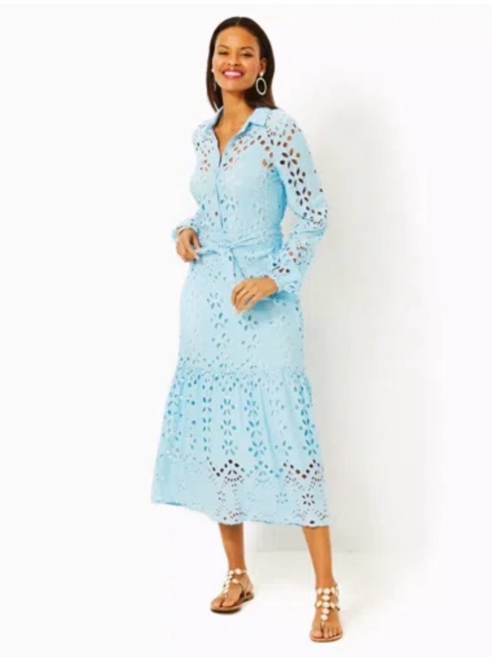 Lilly Pulitzer Blue Eyelet Tie Waist Midi Dress | Size